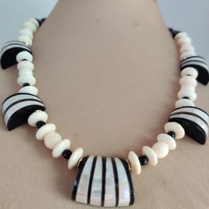 Vintage Artisan Geometric necklace Bone, wood, abalone